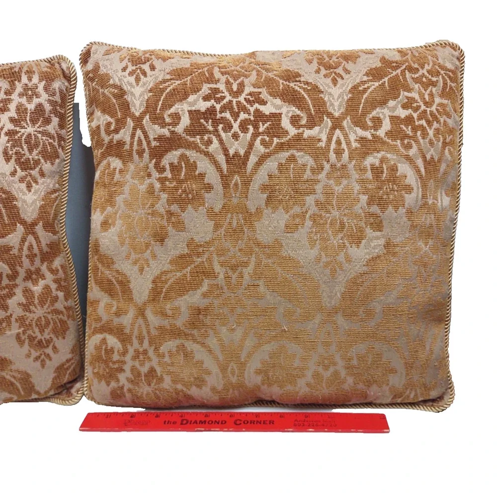 Set of 2 VTG Damask Throw Pillows Brown Gold Corded Trim 15x15 Jacquard Damask